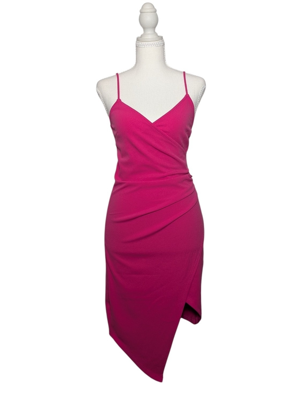 Mind Code Fuchsia Asymmetrical Faux-Wrap Spaghetti Strap Midi Dress